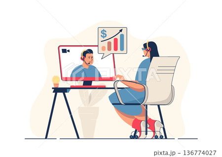 Business webinar concept for web banner. Woman watching online training video with business coach, e-learning modern person scene. Vector illustration in flat cartoon design with people characters Business webinar concept for web banner. Woman watching online training video with business coach, e-learning modern person scene. Vector illustration in flat cartoon design with people characters 136774027