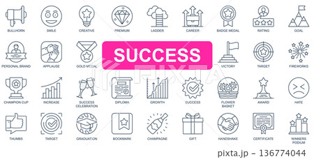 Success concept simple line icons set. Bundle of creative, premium, ladder, career, rating, goal, champion cup, growth, victory and other. Vector pack outline symbols for website or mobile app design Success concept simple line icons set. Bundle of creative, premium, ladder, career, rating, goal, champion cup, growth, victory and other. Vector pack outline symbols for website or mobile app design 136774044