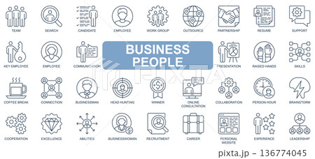 Business people concept simple line icons set. Bundle of team, employee, recruitment, partnership, consultation, brainstorm and other. Vector pack outline symbols for website or mobile app design 136774045