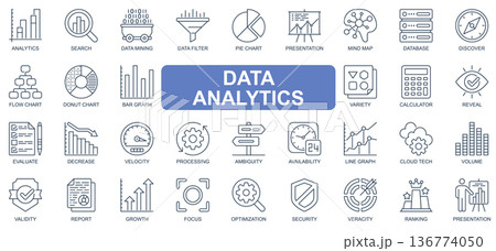 Data analytics concept simple line icons set. Bundle of search, mining filter, pie chart, presentation, database, calculator and other. Vector pack outline symbols for website or mobile app design Data analytics concept simple line icons set. Bundle of search, mining filter, pie chart, presentation, database, calculator and other. Vector pack outline symbols for website or mobile app design 136774050