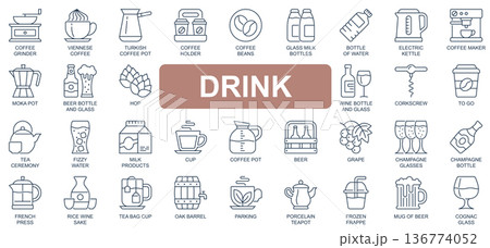 Drink concept simple line icons set. Bundle of coffee, turkish pot, beans, milk, wine, tea ceremony, beer, champagne, cognac and other. Vector pack outline symbols for website or mobile app design 136774052