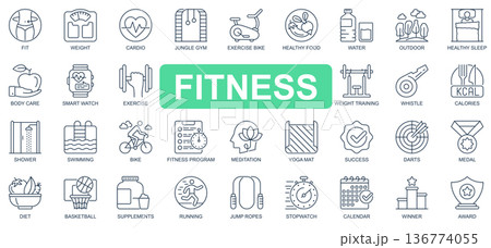 Fitness concept simple line icons set. Bundle of fit, weight, cardio, gym, exercise bike, training, swimming, running, diet and other. Vector pack outline symbols for website or mobile app design Fitness concept simple line icons set. Bundle of fit, weight, cardio, gym, exercise bike, training, swimming, running, diet and other. Vector pack outline symbols for website or mobile app design 136774055