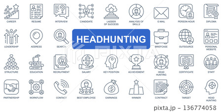 Headhunting concept simple line icons set. Bundle of career, resume, interview, candidate, analysis, leadership, recruitment and other. Vector pack outline symbols for website or mobile app design Headhunting concept simple line icons set. Bundle of career, resume, interview, candidate, analysis, leadership, recruitment and other. Vector pack outline symbols for website or mobile app design 136774058