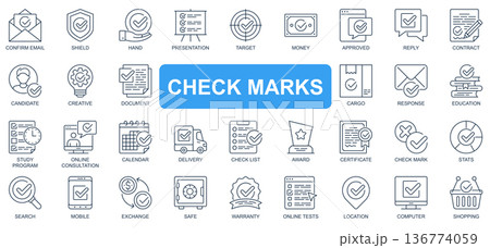 Check marks concept simple line icons set. Bundle of email, shield, hand, presentation, target, money, approved, reply, contract and other. Vector pack outline symbols for website or mobile app design 136774059