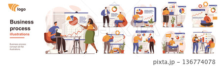 Business process concept isolated person situations. Collection of scenes with people colleagues analyze data, create success strategy, collaborate. Mega set. Vector illustration in flat design 136774078