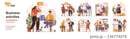 Business activities concept isolated person situations. Collection of scenes with people perform tasks, analyze data, develop project, success strategy. Mega set. Vector illustration in flat design 136774079