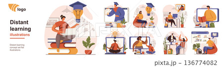 Distant learning concept isolated person situations. Collection of scenes with people students study online, watch webinars, video lessons, take courses. Mega set. Vector illustration in flat design 136774082