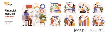 Financial analysis concept isolated person situations. Collection of scenes with people accountants or analysts work with data and financial statistics. Mega set. Vector illustration in flat design 136774085