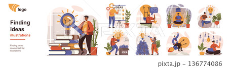 Finding ideas concept isolated person situations. Collection of scenes with people come up with new ideas, brainstorm, develop project plan and strategy. Mega set. Vector illustration in flat design 136774086