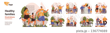 Healthy families concept isolated person situations. Collection of scenes with people parents with children go in for sports, compete and active lifestyle. Mega set. Vector illustration in flat design 136774089