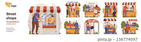 Street shops concept isolated person situations. Collection of scenes with people buy newspapers, flowers, fresh food, fast food or coffee in stores. Mega set. Vector illustration in flat design 136774097