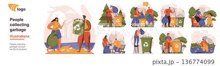 People collecting garbage concept isolated person situations. Collection of scenes with volunteers sort the trash into separate bins, protecting ecology. Mega set. Vector illustration in flat design People collecting garbage concept isolated person situations. Collection of scenes with volunteers sort the trash into separate bins, protecting ecology. Mega set. Vector illustration in flat design 136774099