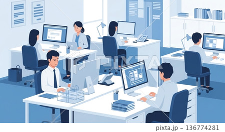 青を基調とした現代的なオフィスで働く人々 青を基調とした現代的なオフィスで働く人々 136774281