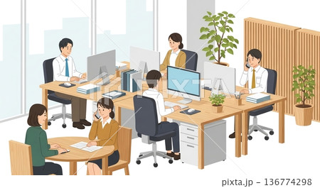コミュニケーションが活発なオープンオフィス風景 136774298
