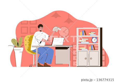 Exemplary management concept. Employee working on laptop in office situation. Successful workflow organization people scene. Vector illustration with flat character design for website and mobile site Exemplary management concept. Employee working on laptop in office situation. Successful workflow organization people scene. Vector illustration with flat character design for website and mobile site 136774315
