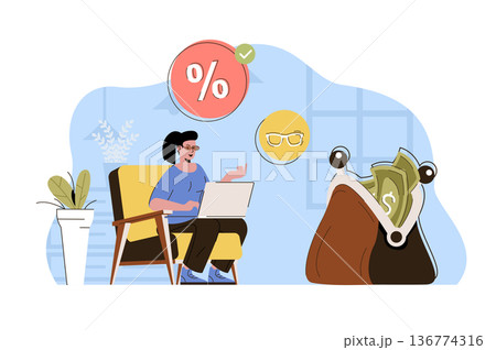 Favorable discounts concept. Woman buying online at best prices on sale situation. Smart shopping, savings people scene. Vector illustration with flat character design for website and mobile site Favorable discounts concept. Woman buying online at best prices on sale situation. Smart shopping, savings people scene. Vector illustration with flat character design for website and mobile site 136774316
