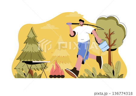 Fishing and hiking concept. Man fishing with rod and resting in campsite situation. Outdoor activities, tourism people scene. Vector illustration with flat character design for website and mobile site 136774318