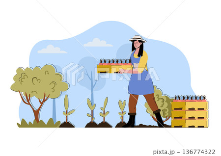 Fruit planting concept. Woman holding box of seedlings and planting fruit tree situation. Gardening, farming people scene. Vector illustration with flat character design for website and mobile site Fruit planting concept. Woman holding box of seedlings and planting fruit tree situation. Gardening, farming people scene. Vector illustration with flat character design for website and mobile site 136774322