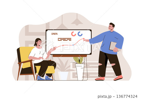 Growth strategy concept. Colleagues analyze company development data situation. Successful business planning people scene. Vector illustration with flat character design for website and mobile site 136774324