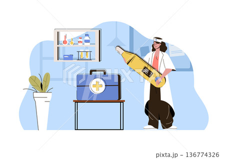 High quality medicine concept. Doctor measures temperature and provides first aid situation. Medical services people scene. Vector illustration with flat character design for website and mobile site 136774326