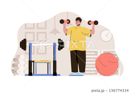 Keep fit concept. Man exercising with dumbbells, doing workouts in gym situation. Healthy lifestyle, wellness people scene. Vector illustration with flat character design for website and mobile site 136774334