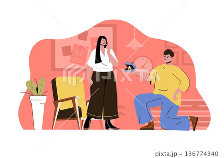 Marriage proposal concept. Kneeling man proposes ring to his beloved woman situation. Engagement, relationship people scene. Vector illustration with flat character design for website and mobile site 136774340