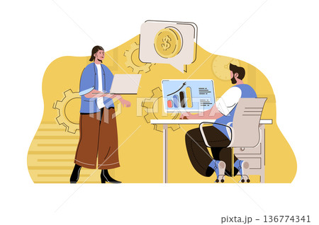 Maximum profit concept. Man and woman make money and increase income situation. Financially successful business people scene. Vector illustration with flat character design for website and mobile site Maximum profit concept. Man and woman make money and increase income situation. Financially successful business people scene. Vector illustration with flat character design for website and mobile site 136774341