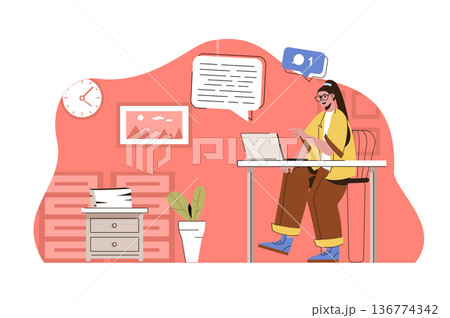 Media space concept. Woman chatting with friends on social networks situation. Online communication, cyberspace people scene. Vector illustration with flat character design for website and mobile site 136774342