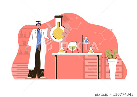 Medical research concept. Laboratory assistant conducts tests in flasks in lab situation. Drug development people scene. Vector illustration with flat character design for website and mobile site Medical research concept. Laboratory assistant conducts tests in flasks in lab situation. Drug development people scene. Vector illustration with flat character design for website and mobile site 136774343