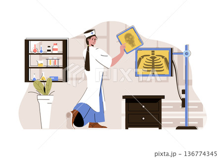 Medical service concept. Doctor looks at x-ray picture, diagnoses and treats situation. Hospital or clinic people scene. Vector illustration with flat character design for website and mobile site 136774345