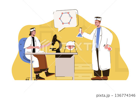 Medicine and science concept. Doctor and laboratory assistant doing research in lab situation. Medical clinic people scene. Vector illustration with flat character design for website and mobile site 136774346