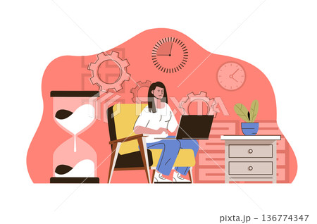 Meet the deadline concept. Employee working on laptop, task time is running out situation. Stress at work people scene. Vector illustration with flat character design for website and mobile site 136774347