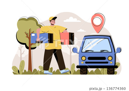 Order delivery concept. Courier carries parcels to car for delivery to client situation. Express shipping people scene. Vector illustration with flat character design for website and mobile site Order delivery concept. Courier carries parcels to car for delivery to client situation. Express shipping people scene. Vector illustration with flat character design for website and mobile site 136774360