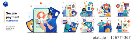 Secure payment isolated set. Protection of financial transactions and banking. People collection of scenes in flat design. Vector illustration for blogging, website, mobile app, promotional materials. 136774367