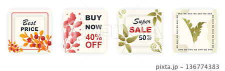 Modern autumn square sale poster templates with floral and geometric pattern. Suitable for social media posts, poster, mobile apps, banners design and web ads, vector backgrounds, promotion materials. 136774383