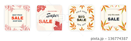 Modern autumn square sale poster templates with floral and geometric pattern. Suitable for social media posts, poster, mobile apps, banners design and web ads, vector backgrounds, promotion materials. 136774387