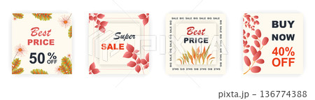 Modern autumn square sale poster templates with floral and geometric pattern. Suitable for social media posts, poster, mobile apps, banners design and web ads, vector backgrounds, promotion materials. Modern autumn square sale poster templates with floral and geometric pattern. Suitable for social media posts, poster, mobile apps, banners design and web ads, vector backgrounds, promotion materials. 136774388