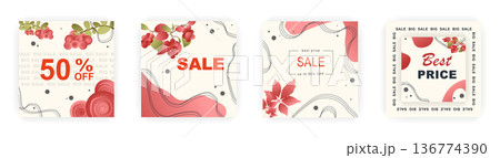 Modern autumn square sale poster templates with floral and geometric pattern. Suitable for social media posts, poster, mobile apps, banners design and web ads, vector backgrounds, promotion materials. 136774390