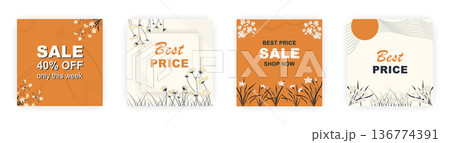Modern autumn square sale poster templates with floral and geometric pattern. Suitable for social media posts, poster, mobile apps, banners design and web ads, vector backgrounds, promotion materials. Modern autumn square sale poster templates with floral and geometric pattern. Suitable for social media posts, poster, mobile apps, banners design and web ads, vector backgrounds, promotion materials. 136774391
