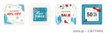 Modern winter square sale poster for Merry Christmas templates. Suitable for social media posts, poster, mobile apps, banners design and web ads, vector backgrounds, promotion materials. Modern winter square sale poster for Merry Christmas templates. Suitable for social media posts, poster, mobile apps, banners design and web ads, vector backgrounds, promotion materials. 136774402