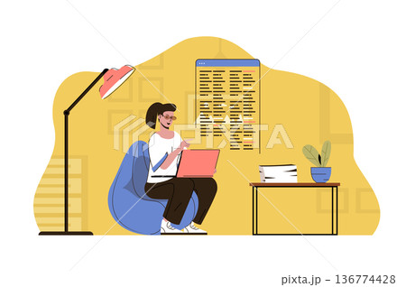 Outsourcing service concept. Woman employee performs work in remote office situation. Project work, freelance people scene. Vector illustration with flat character design for website and mobile site 136774428