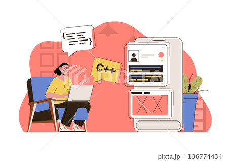 Programming concept. Woman working, writing code, testing program at office situation. Software development people scene. Vector illustration with flat character design for website and mobile site Programming concept. Woman working, writing code, testing program at office situation. Software development people scene. Vector illustration with flat character design for website and mobile site 136774434