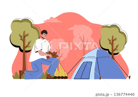 Rest at nature concept. Man resting in forest with tent situation. Hiking, camping, active outdoor recreation people scene. Vector illustration with flat character design for website and mobile site Rest at nature concept. Man resting in forest with tent situation. Hiking, camping, active outdoor recreation people scene. Vector illustration with flat character design for website and mobile site 136774440