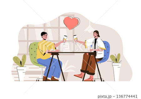 Romantic date concept. Loving man and woman dating in restaurant and drink situation. Relationship in couple people scene. Vector illustration with flat character design for website and mobile site Romantic date concept. Loving man and woman dating in restaurant and drink situation. Relationship in couple people scene. Vector illustration with flat character design for website and mobile site 136774441