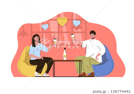 Romantic dinner concept. Man and woman on date in restaurant situation. Loving couple, family relationship people scene. Vector illustration with flat character design for website and mobile site 136774442
