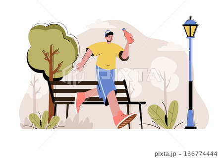 Running concept. Man running in park, sport activity situation. Outdoor cardio workout, marathon preparation people scene. Vector illustration with flat character design for website and mobile site Running concept. Man running in park, sport activity situation. Outdoor cardio workout, marathon preparation people scene. Vector illustration with flat character design for website and mobile site 136774444