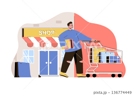 Shopping and vacation concept. Man shopping in the store on travel situation. Shopper puts purchases in cart people scene. Vector illustration with flat character design for website and mobile site Shopping and vacation concept. Man shopping in the store on travel situation. Shopper puts purchases in cart people scene. Vector illustration with flat character design for website and mobile site 136774449