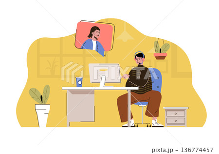 Support center concept. Man consults client in video chat situation. Call center, hotline operator, helpline people scene. Vector illustration with flat character design for website and mobile site Support center concept. Man consults client in video chat situation. Call center, hotline operator, helpline people scene. Vector illustration with flat character design for website and mobile site 136774457