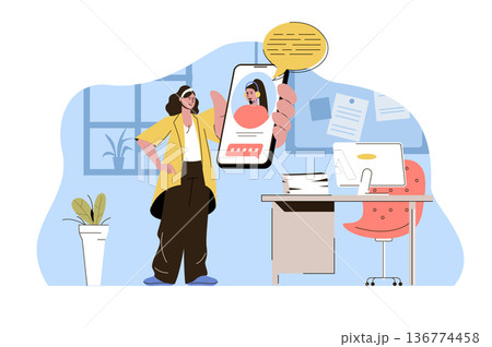 Support service concept. Woman calling customer service situation. Client communicates online with operator people scene. Vector illustration with flat character design for website and mobile site 136774458
