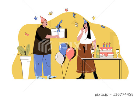 Surprise party concept. Man giving gift box to woman, couple at festive event situation. Birthday celebration people scene. Vector illustration with flat character design for website and mobile site Surprise party concept. Man giving gift box to woman, couple at festive event situation. Birthday celebration people scene. Vector illustration with flat character design for website and mobile site 136774459